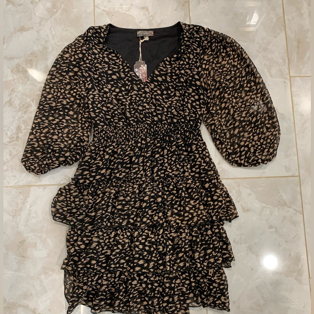 J Gee Sheer Sleeve Ruffle Mid Dress